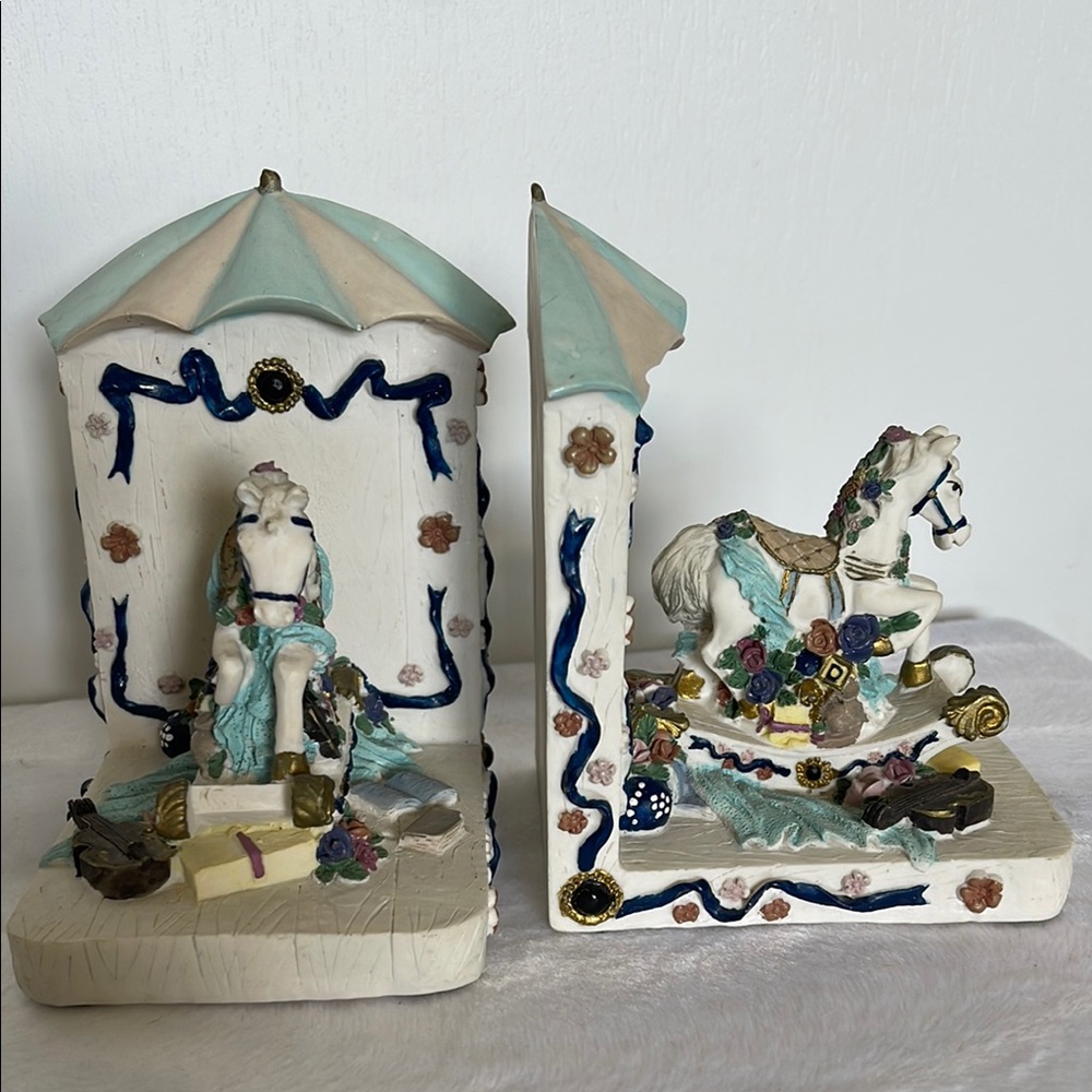Blue and Cream Ceramic Carousel Art Bookends